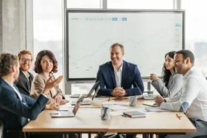 meeting of executives discussing financial product