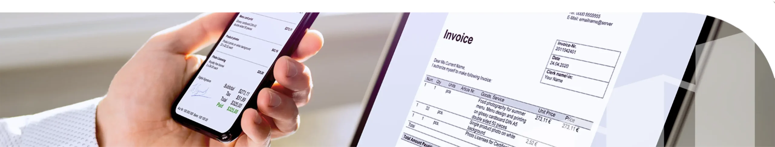 An image of a phone and laptop both display an invoice