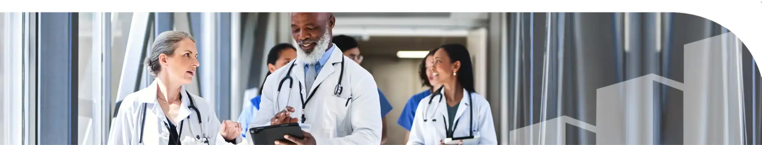 A hospital setting with doctors walking